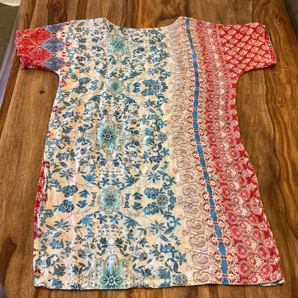 Johnny Was Bayla Tunic XS Blue Red Floral Paisley Cupra Rayon Boho Short Sleeve - Picture 9 of 9